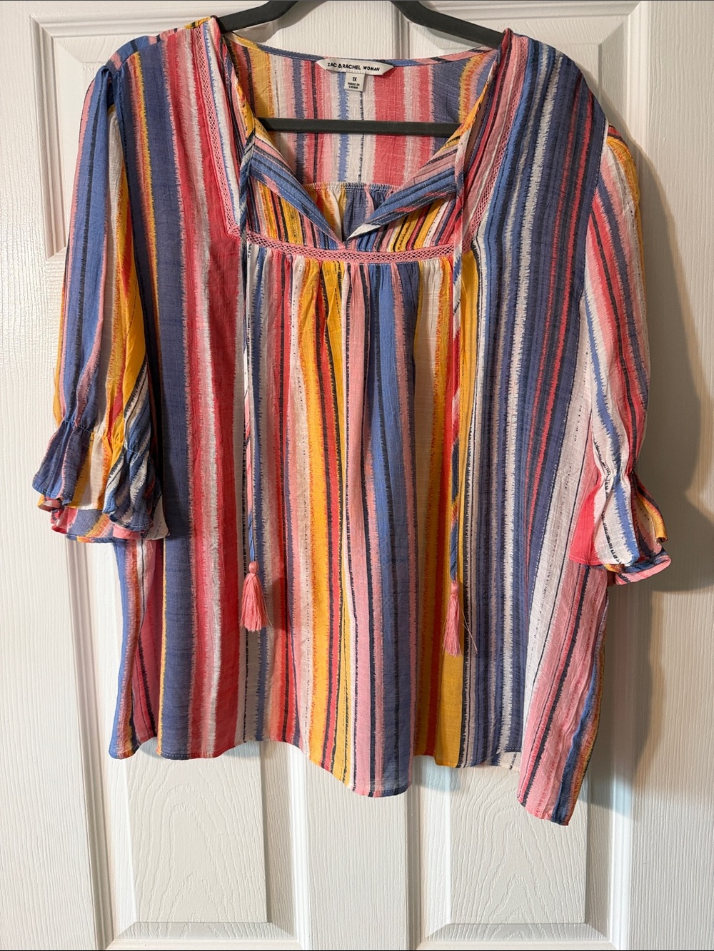 ZAC & RACHEL WOMAN Multistripe Peasant Blouse - Pink, Blue & Yellow. “NEW!”